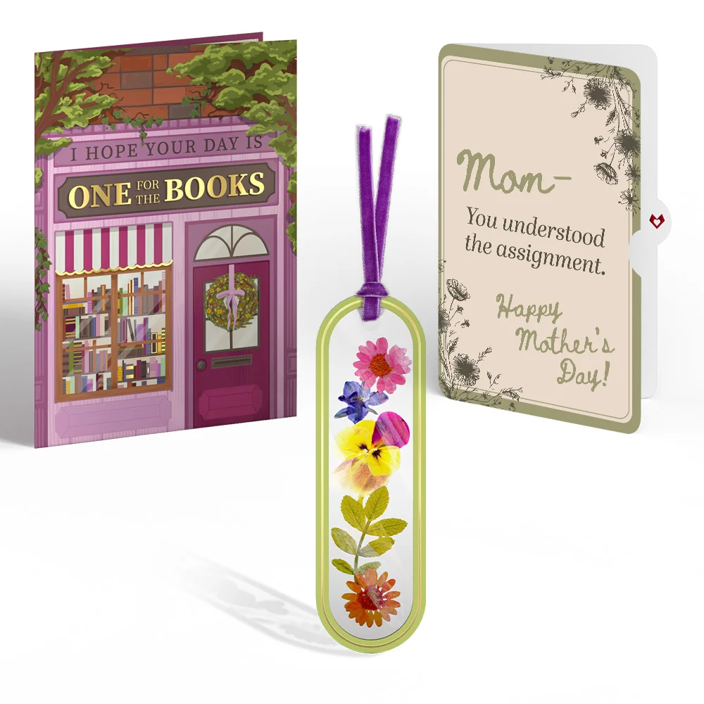 Lovepop One for the Books Mother’s Day Petal Pressed Bookmark Card and Vintage Sketch Garden Sentiment Set for Mom Cream