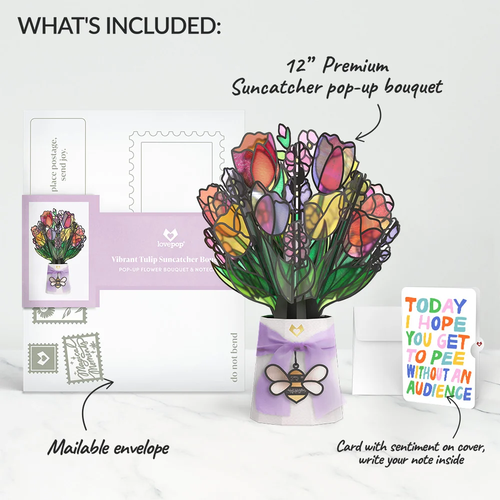 Lovepop Vibrant Tulip Suncatcher Bouquet and Parenthood Humor Sentiment Set Glass - Image 2