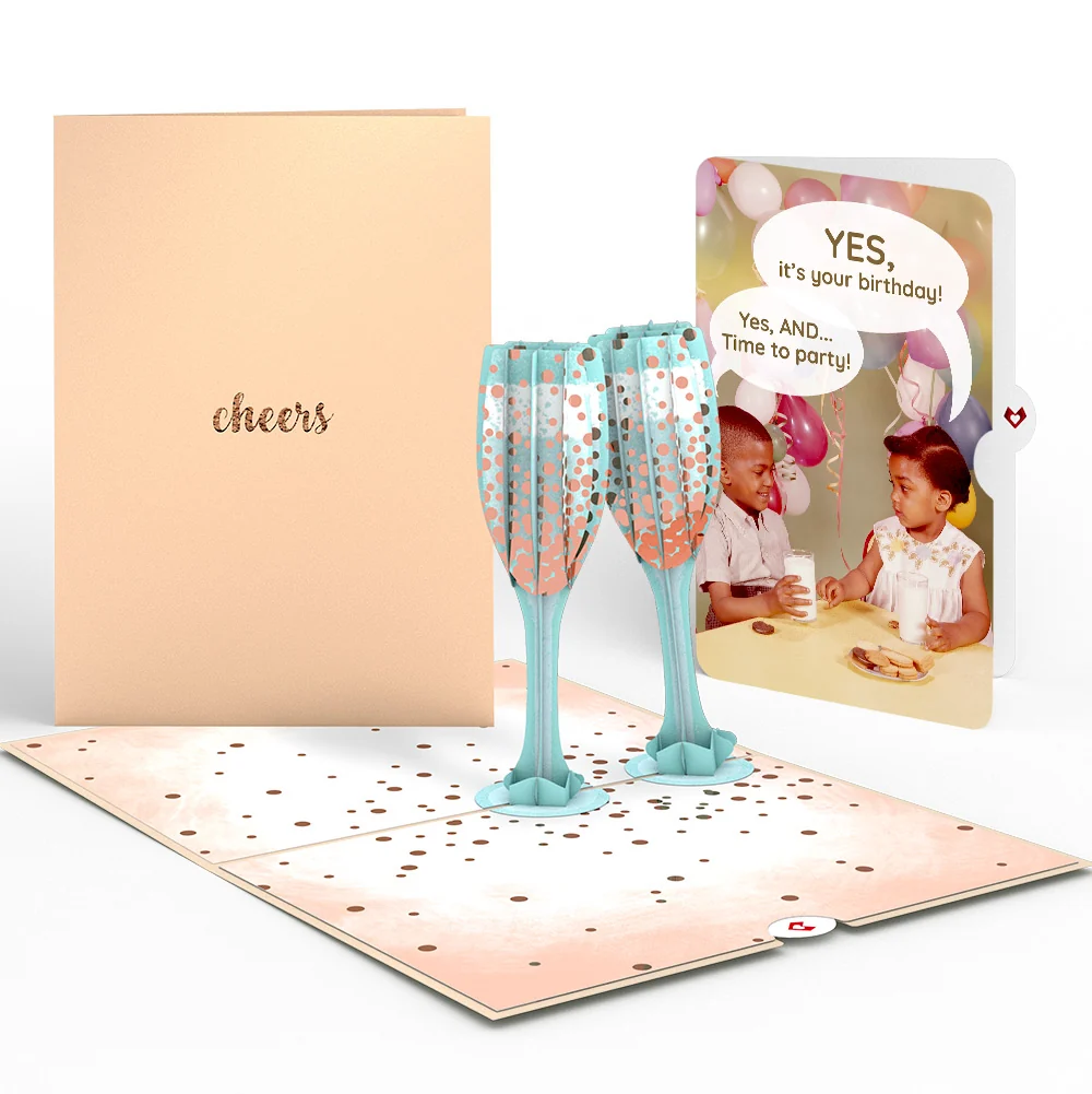 Lovepop Champagne Toast Birthday Pop-Up Card and Time to Party Sentiment Set Glass