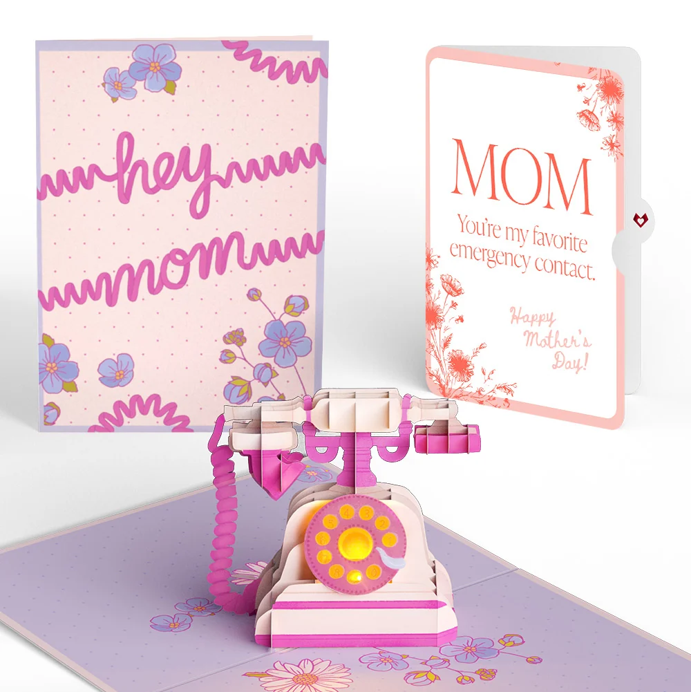 Lovepop 'Hey Mom' Vintage Phone Mother’s Day Music and Lights Pop-Up Card and Delicate Line Floral Sentiment Set for Mom Cream