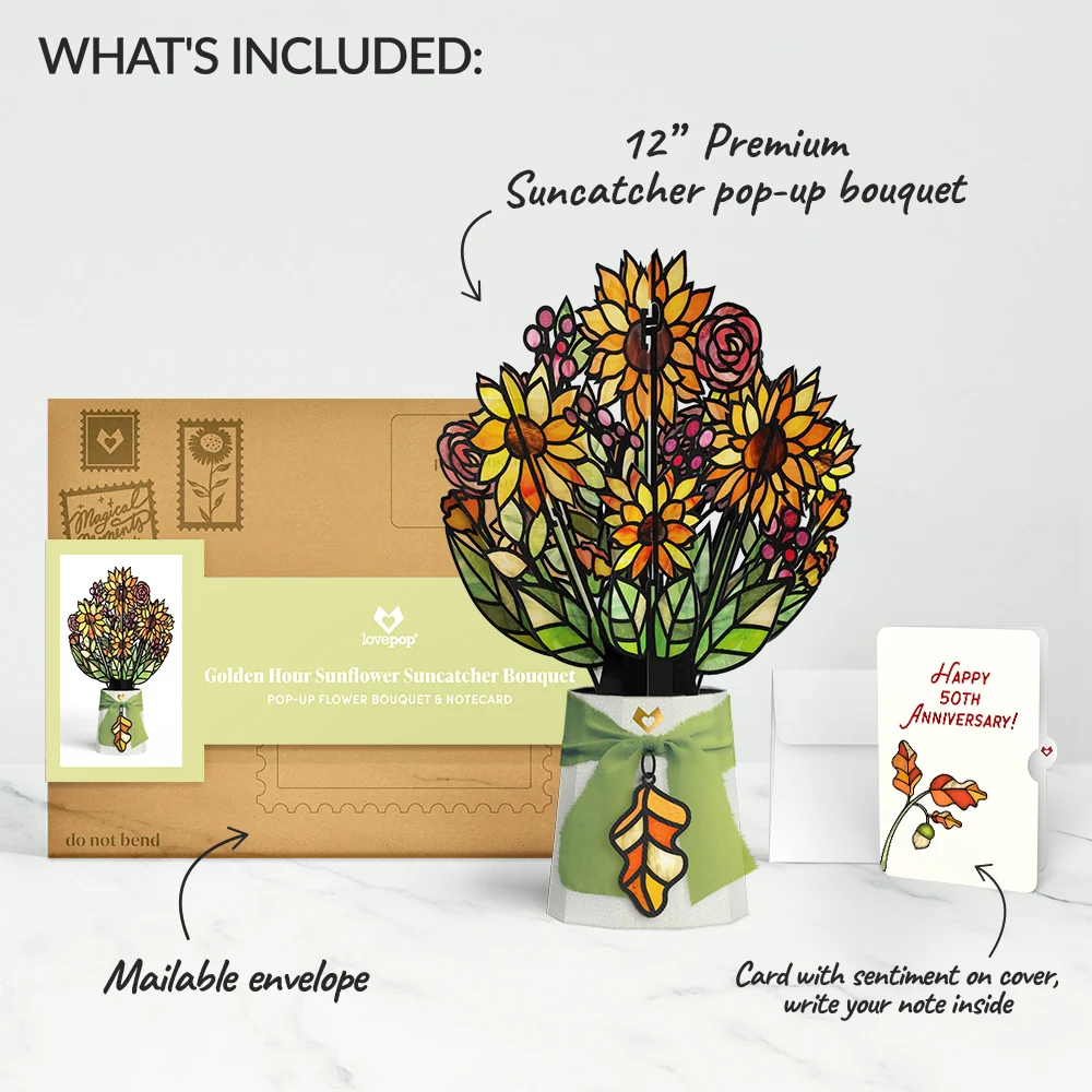 Lovepop Golden Hour Sunflower 50th Anniversary Suncatcher Bouquet and Sentiment Set Glass - Image 2