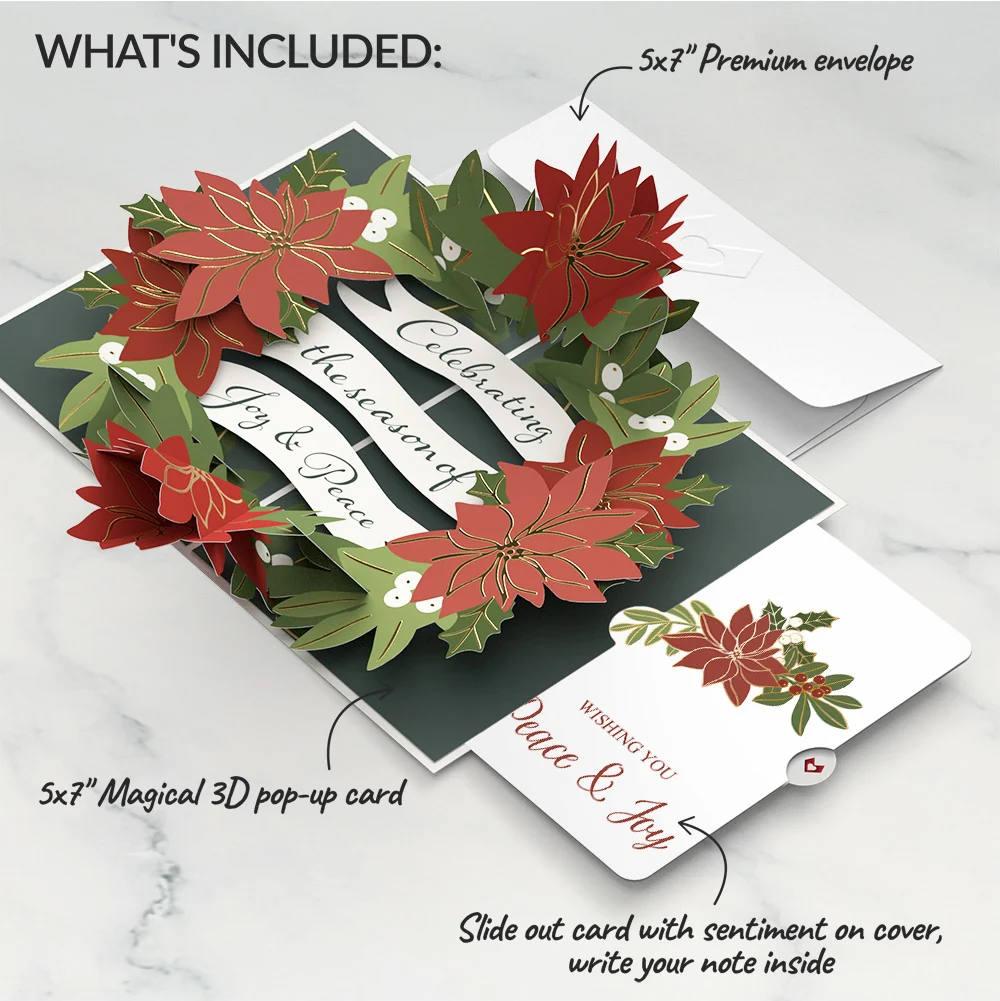 Lovepop Season's Greetings Poinsettia Wreath Pop-Up Card and Peace & Joy Sentiment Set Cream - Image 2