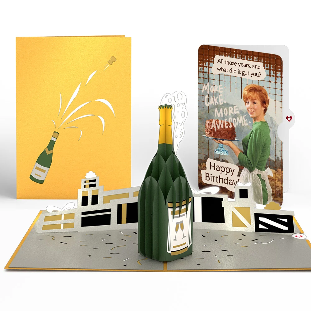 Lovepop Champagne Celebration Birthday Pop-Up Card and More Cake More Awesome Sentiment Set Candle