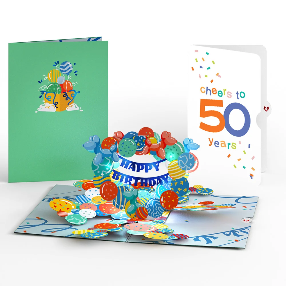 Lovepop Happy 50th Birthday Balloons Music and Lights Pop-Up Card and Confetti Cake Sentiment Set