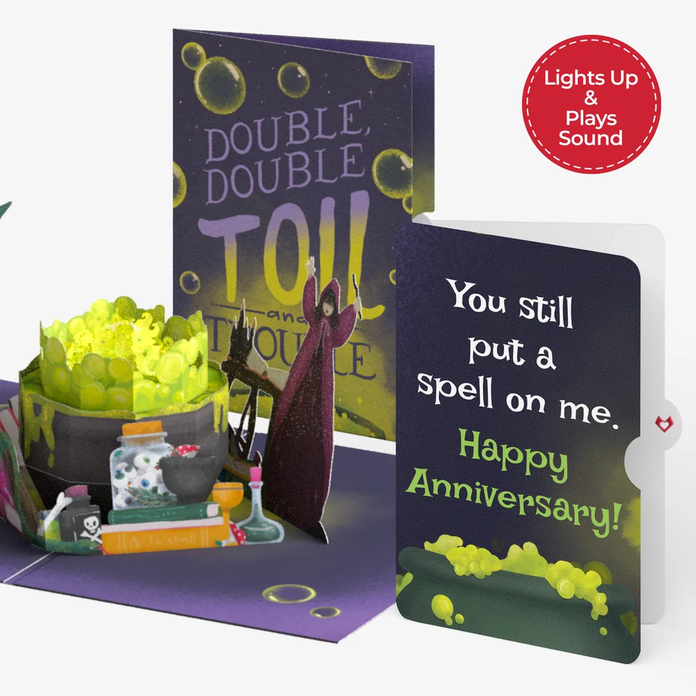 Lovepop Toil and Trouble Halloween Cauldron Music and Lights Pop-Up Card and Under Your Spell Anniversary Sentiment Set Jar