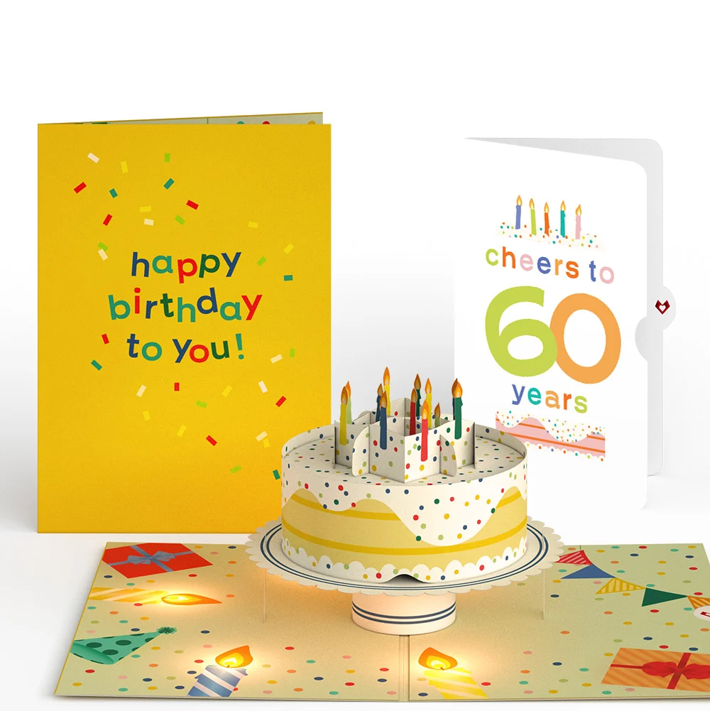 Lovepop Happy Birthday Confetti Cake Music and Lights Pop-Up Card and Cheers to 60th Years Sentiment Set Candle