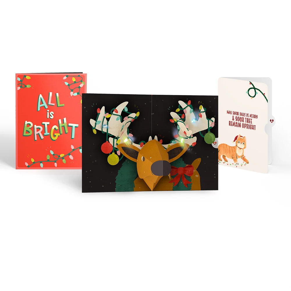 Lovepop All Is Bright Holiday Reindeer Light-Up Pop-Up Card and Funny Cat Sentiment Set Cream