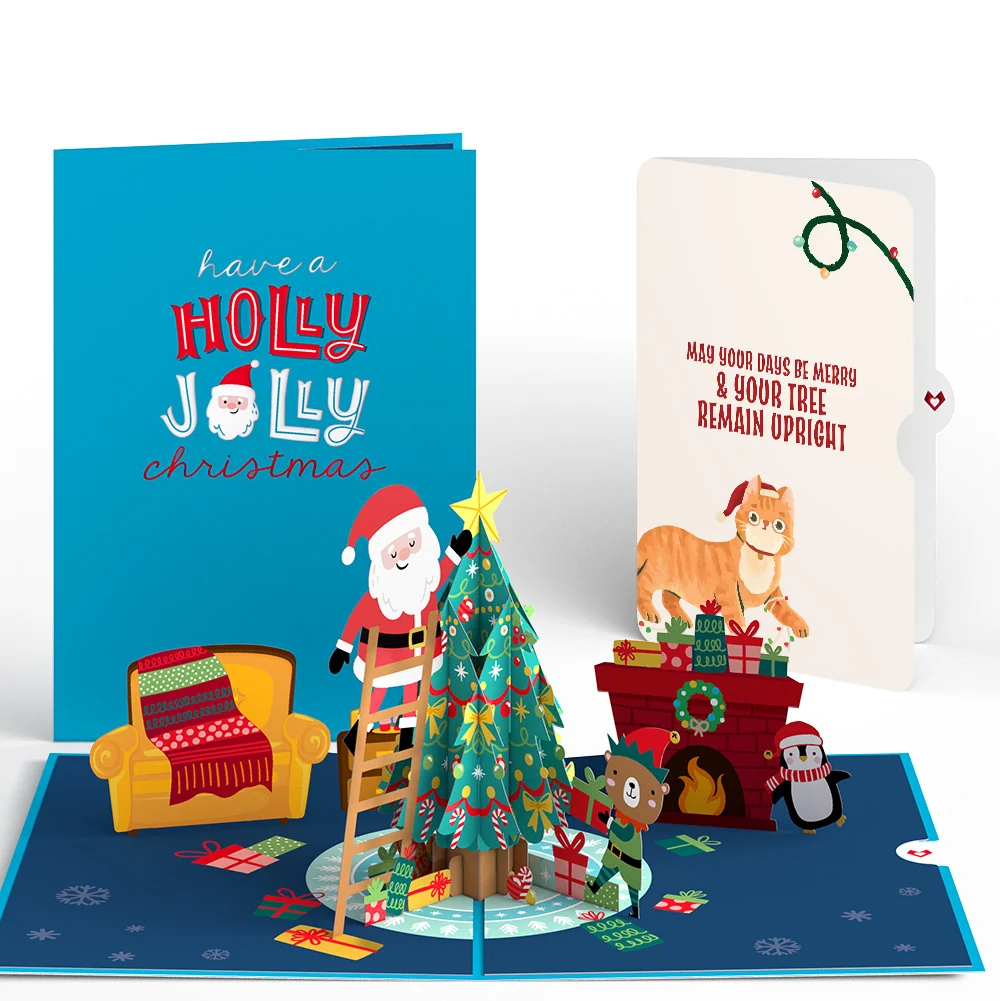 Lovepop Santa Decorating a Christmas Tree Pop-Up Card and Funny Cat Sentiment Set Cream