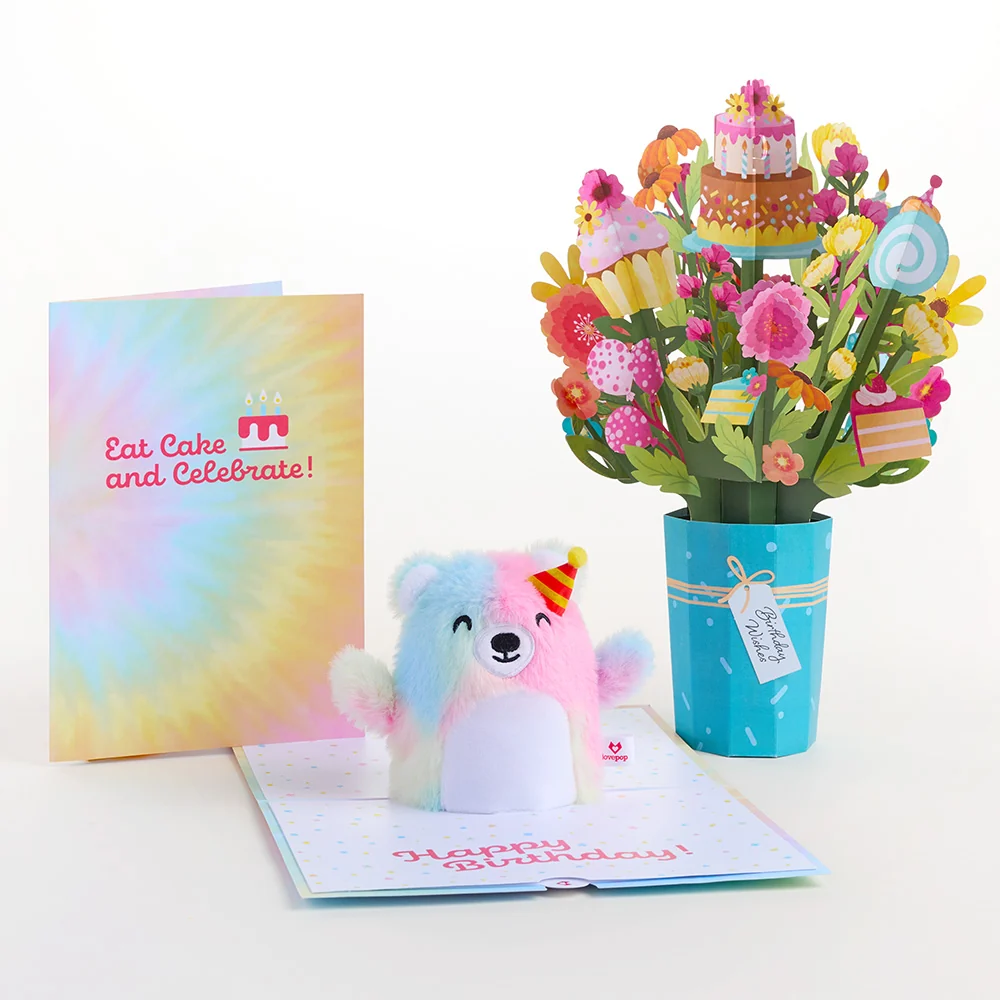 Lovepop 'Eat Cake and Celebrate' Birthday Plushpop Card and Bouquet Bundle
