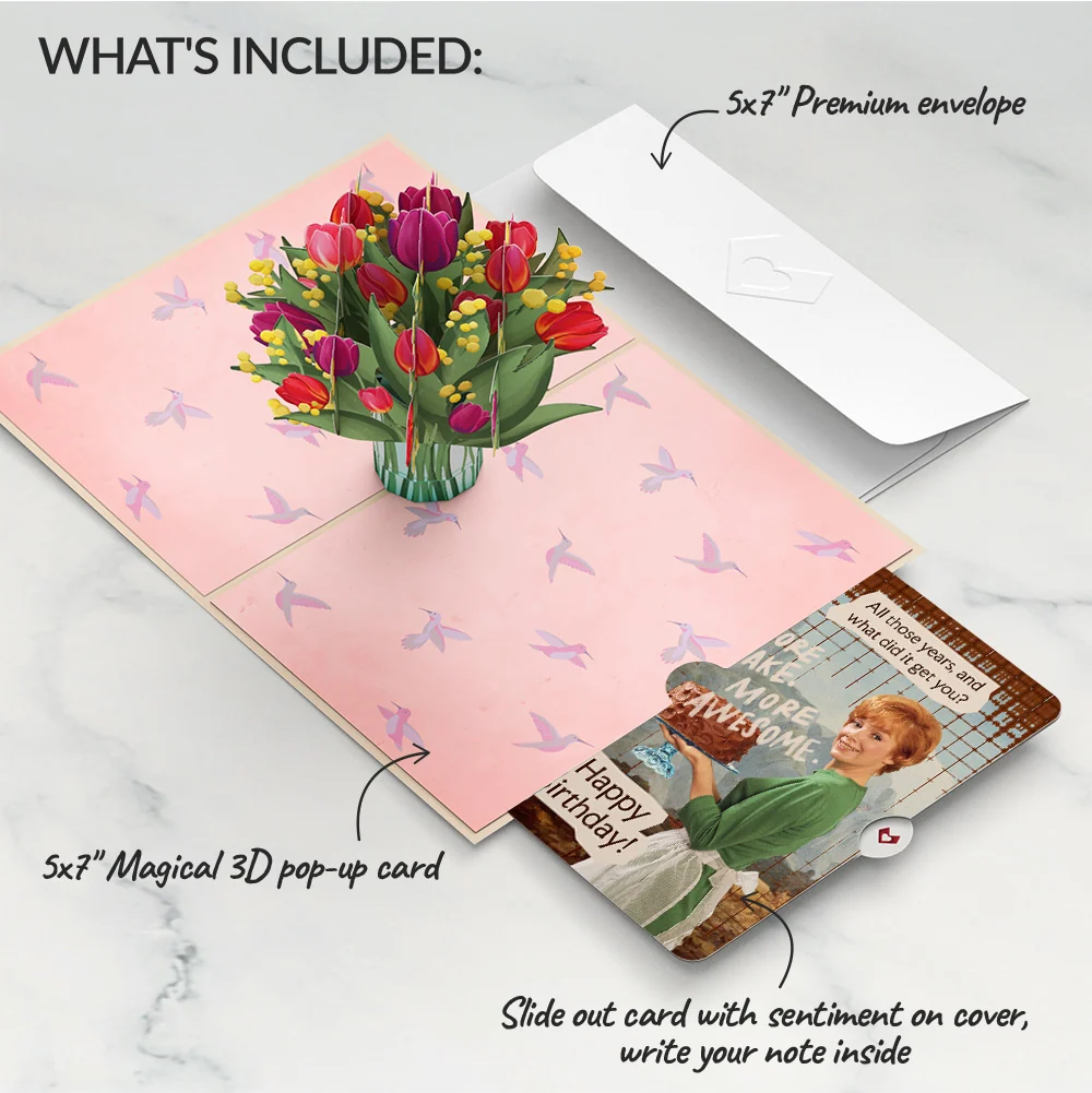 Lovepop Cheerful Tulips Birthday Pop-Up Card and More Cake More Awesome Sentiment Set Vase - Image 2