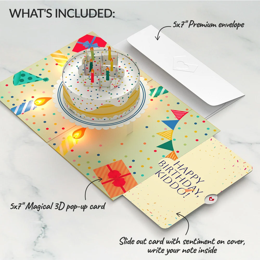 Lovepop Happy Birthday Confetti Cake Music and Lights Pop-Up Card and Sentiment Set for Kid Candle - Image 2