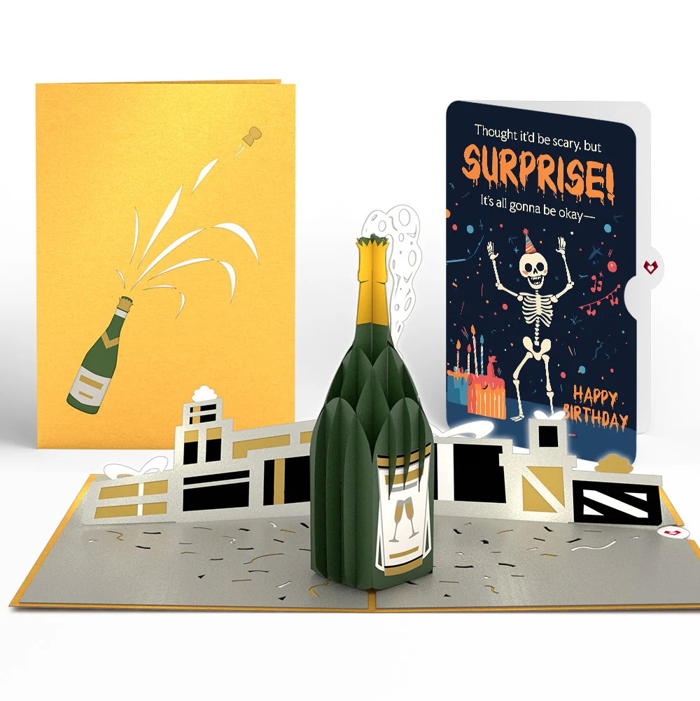 Lovepop Champagne Celebration Birthday Pop-Up Card and Surprise Skeleton Sentiment Set Bottle