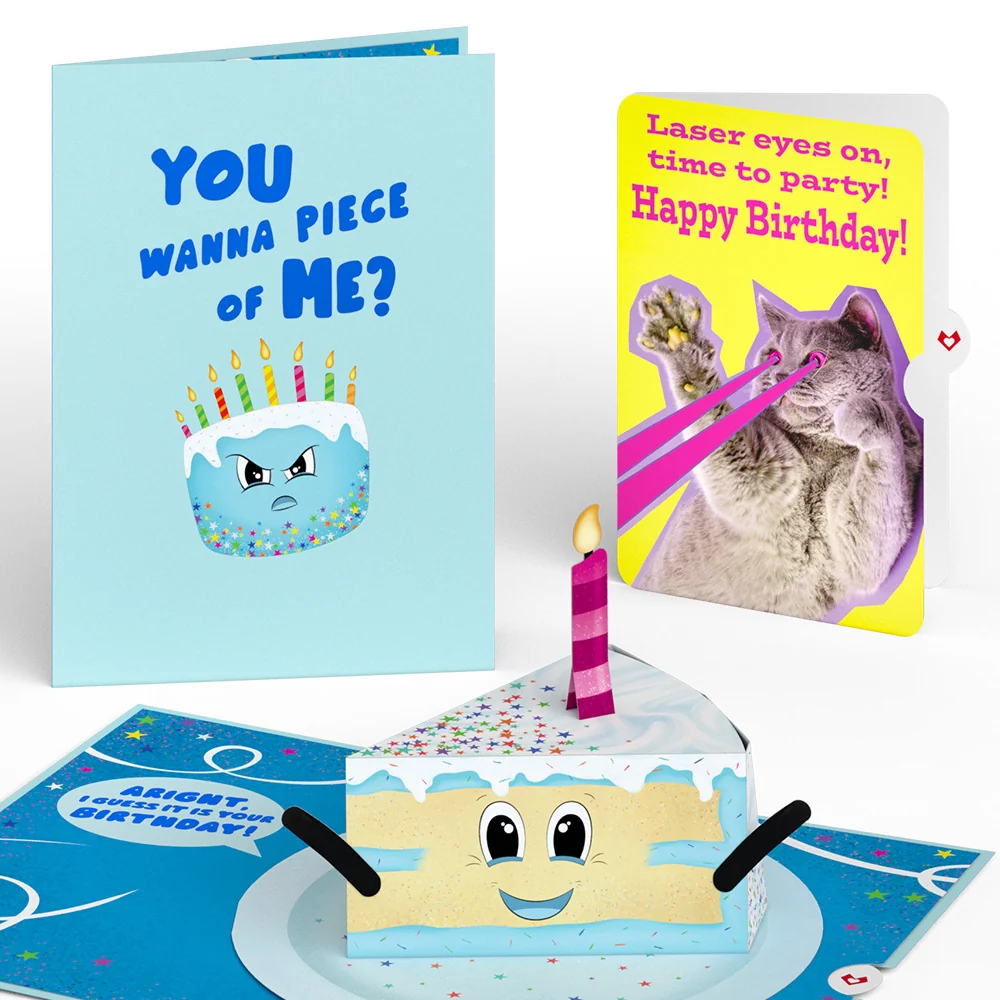 Lovepop Whimsical Birthday Cake Slice with Cat Laser Eyes Pop-Up Card and Sentiment Set Candle