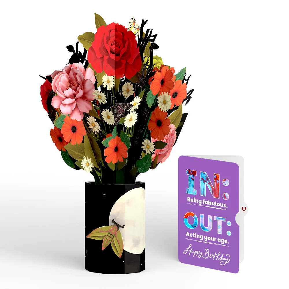 Lovepop Midnight Florals Birthday Bouquet and IN & OUT Sentiment Set Vase