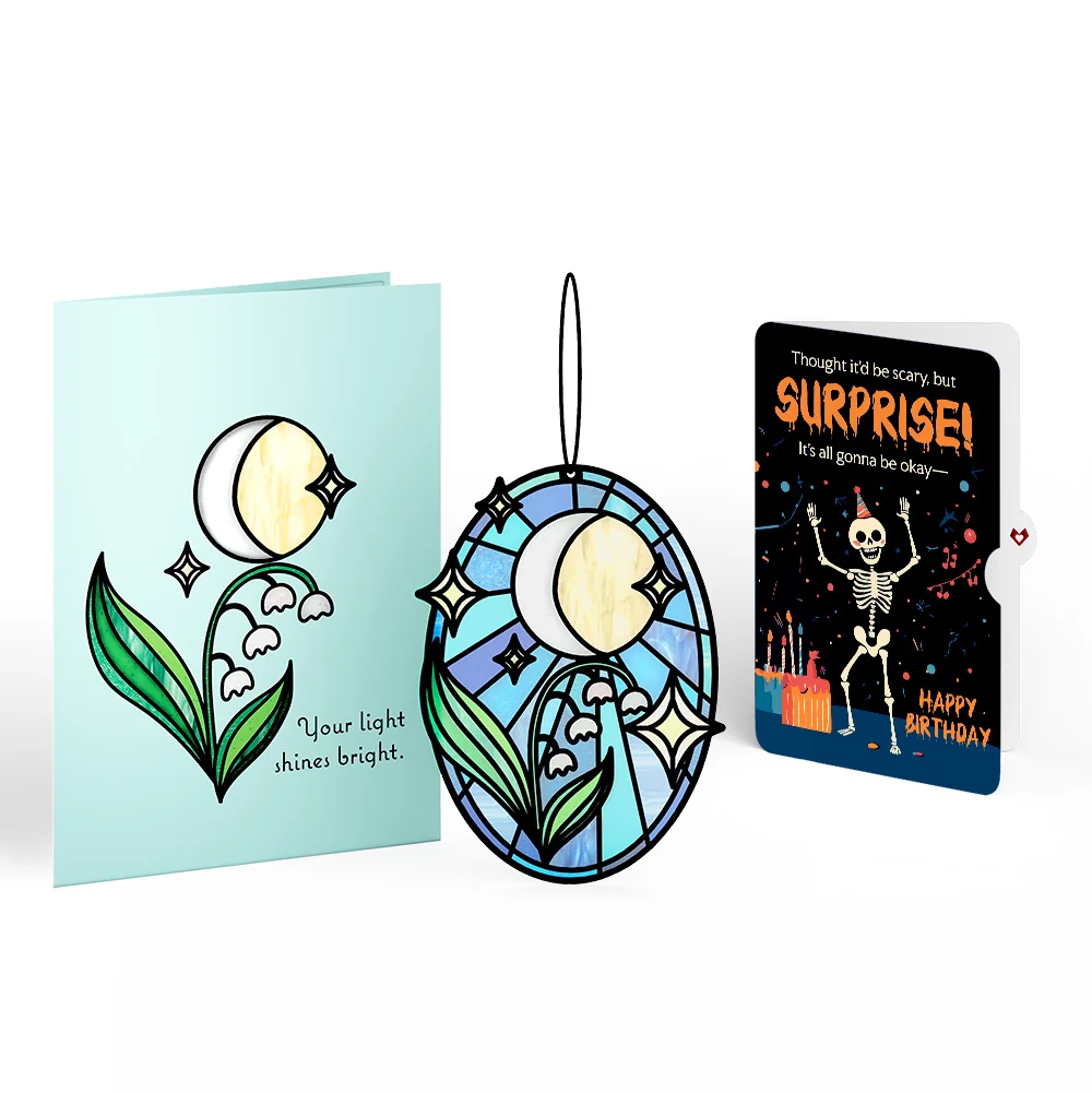 Lovepop Shine Bright Twilight Bloom Birthday Suncatcher Card and Surprise Skeleton Sentiment Set Glass