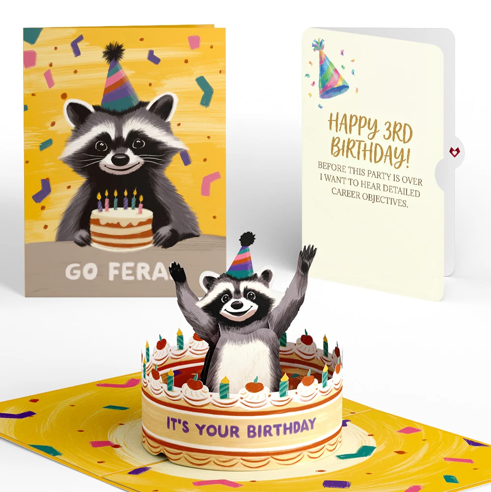 Lovepop Go Feral Raccoon 3rd Birthday Pop-Up Card and Career Objectives Sentiment Set Candle