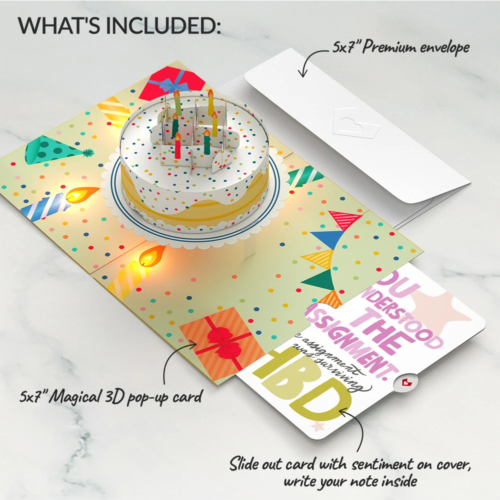 Lovepop Happy Birthday Confetti Cake Music and Lights Pop-Up Card and Surviving Assignment Sentiment Set Candle - Image 2