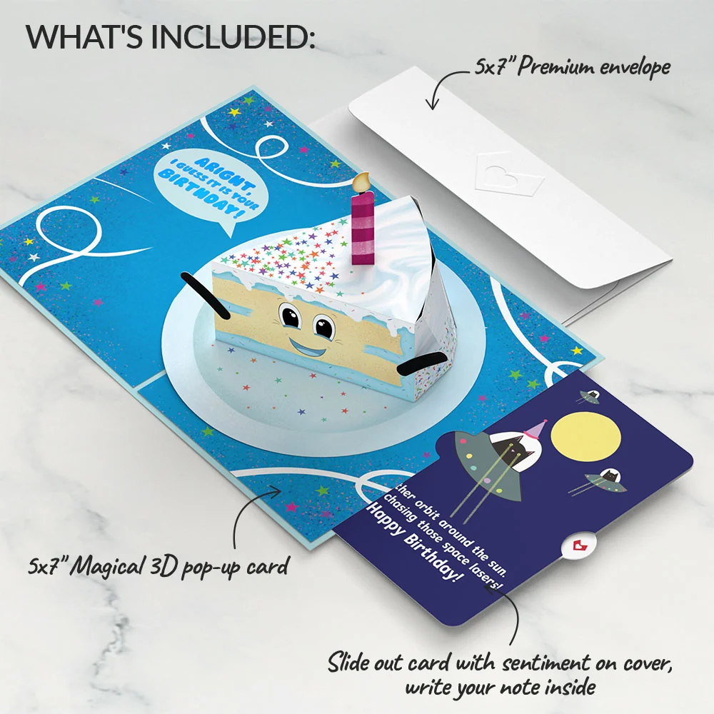 Lovepop Whimsical Birthday Cake Slice with Space Laser Cats Pop-Up Card and Sentiment Set Candle - Image 2