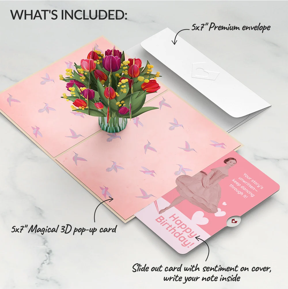 Lovepop Cheerful Tulips Birthday Pop-Up Card and Dancing Through Life Sentiment Set Glass - Image 2