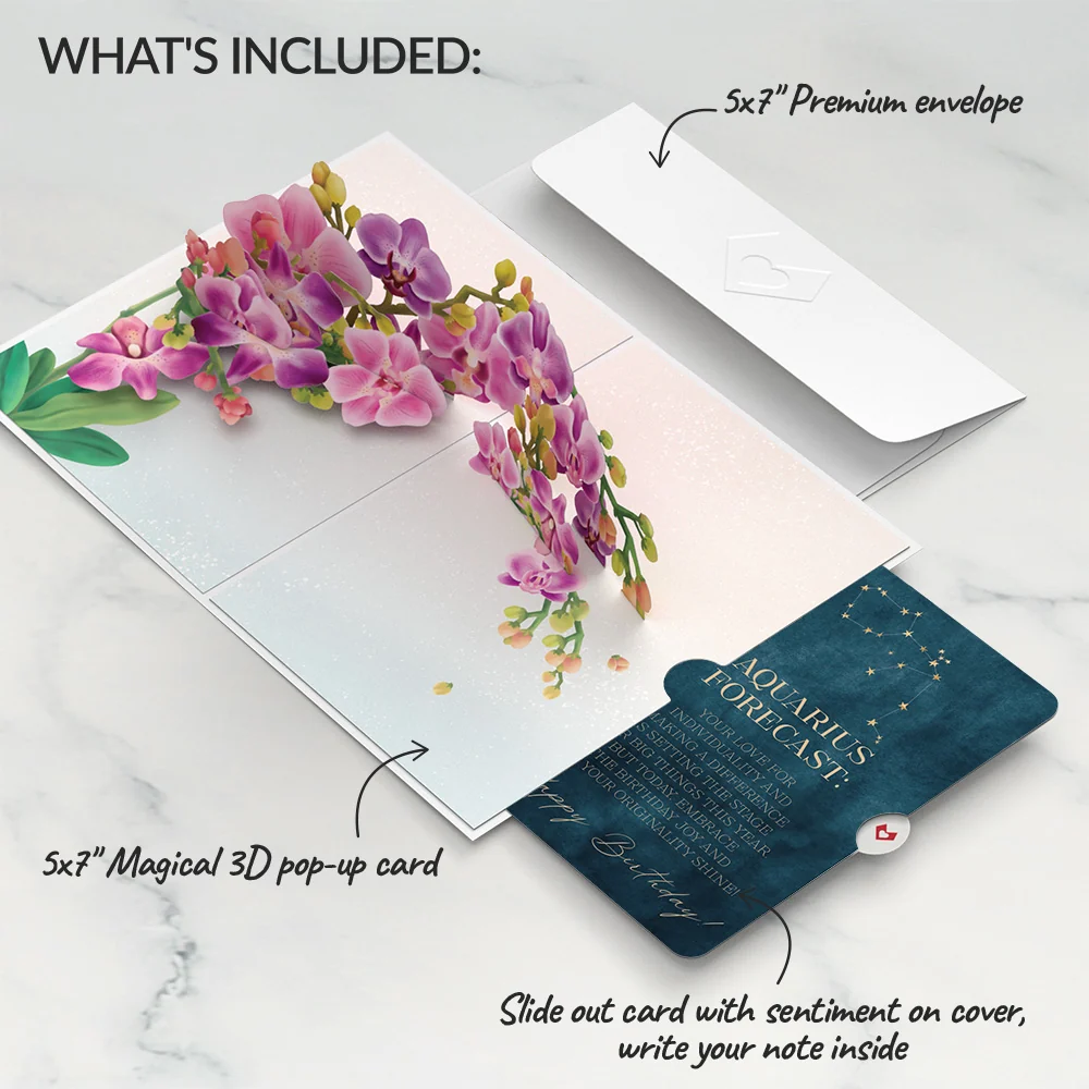 Lovepop Watercolor Orchid Birthday Pop-Up Card and Aquarius Zodiac Sentiment Set - Image 2