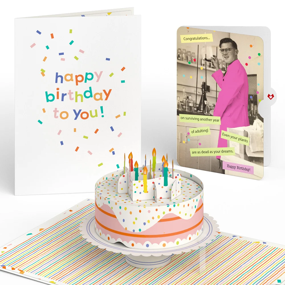Lovepop Confetti Cake Birthday Pop-Up Card and Survive Another Year of Adulting Sentiment Set Candle