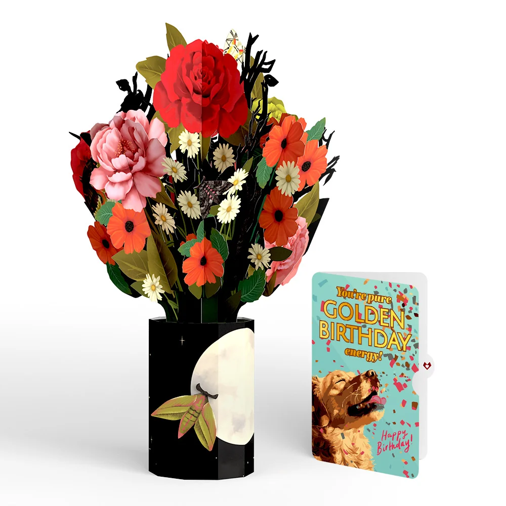 Lovepop Midnight Florals Birthday Bouquet and Golden Energy Sentiment Set Vase