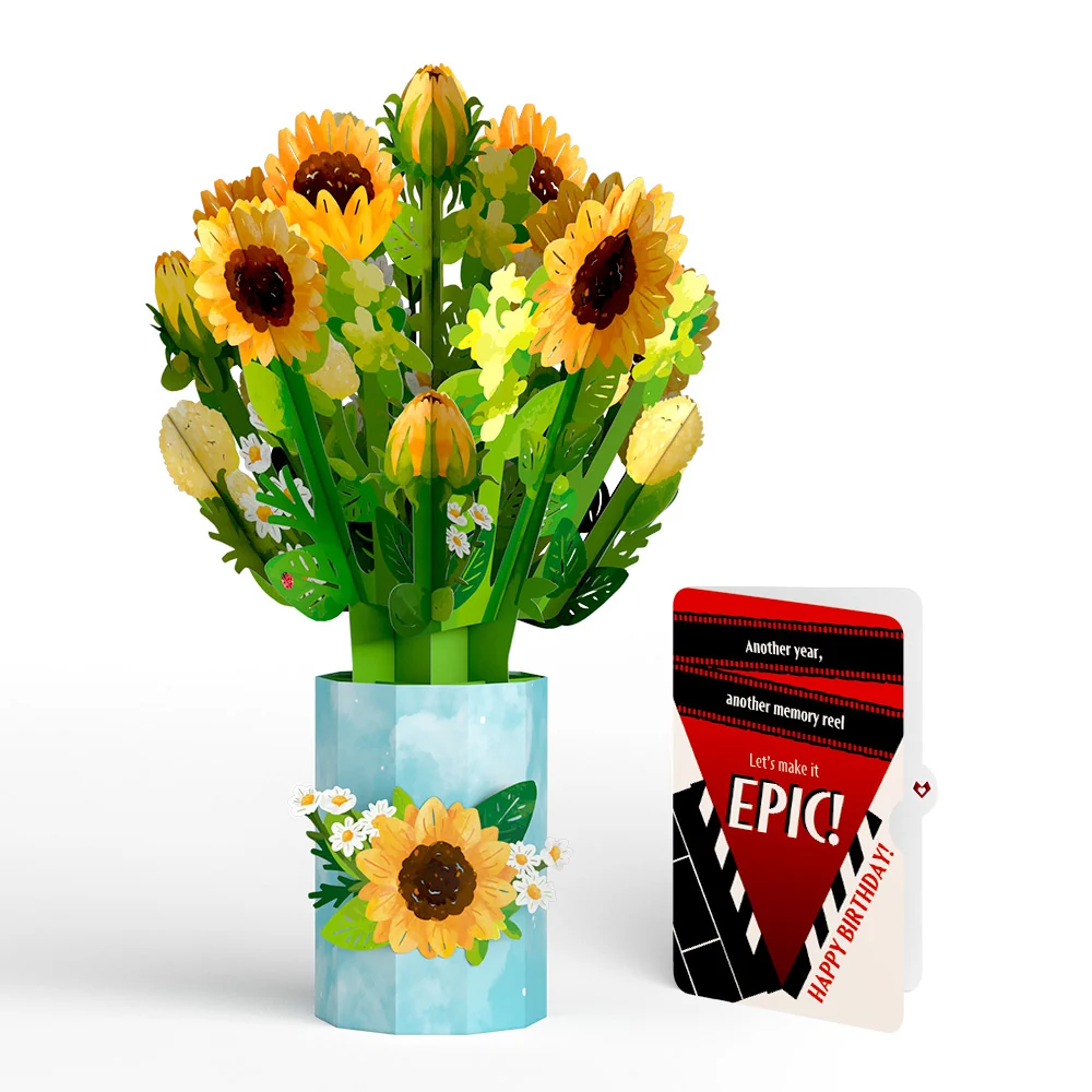 Lovepop Sunflower Blooms Birthday Bouquet and Epic Reel Sentiment Set Vase