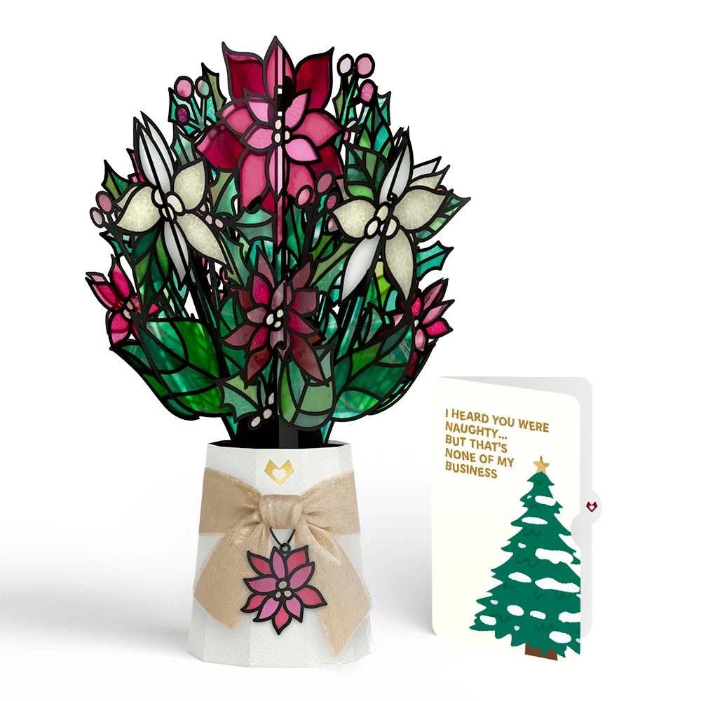 Lovepop Poinsettia Shimmer Christmas Suncatcher Bouquet and Funny Tree Sentiment Set Glass