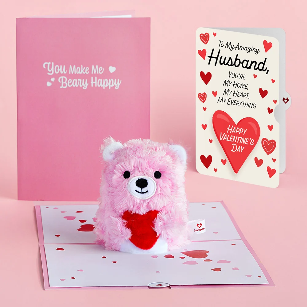 Lovepop 'You Make Me Beary Happy' Valentine Plushpop Card and Sentiment Set for Husband Cream