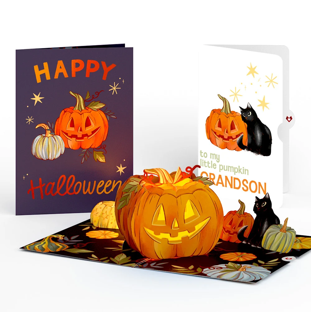 Lovepop Happy Halloween Pumpkin Light-Up Pop-Up Card and Sentiment Set for Grandson