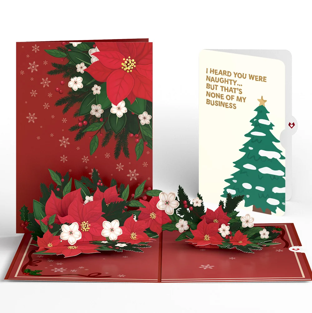 Lovepop Poinsettia & Pine Christmas Pop-Up Card and Funny Tree Sentiment Set Cream
