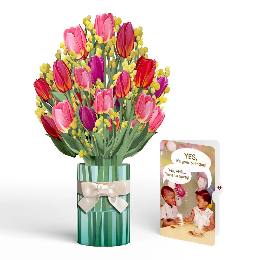 Lovepop Cheerful Tulips Birthday Bouquet and Time to Party Sentiment Set Vase