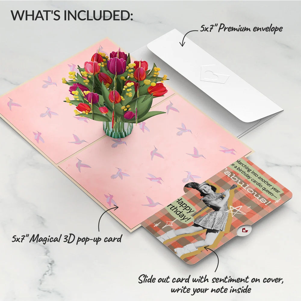 Lovepop Cheerful Tulips Birthday Pop-Up Card and Cardio Queen Sentiment Set Vase - Image 2