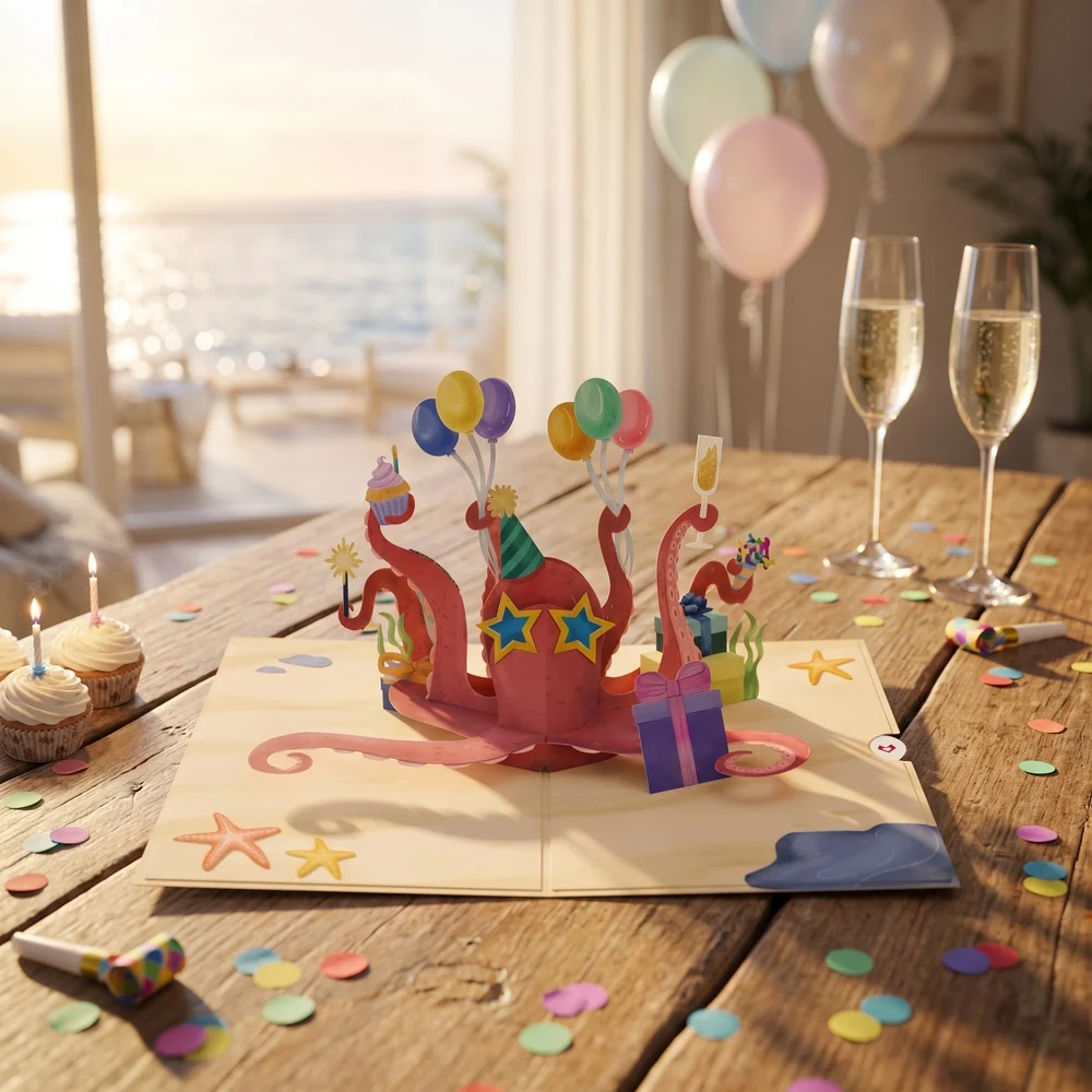 Lovepop Birthday Party Octopus Pop-Up Card Glass - Image 2