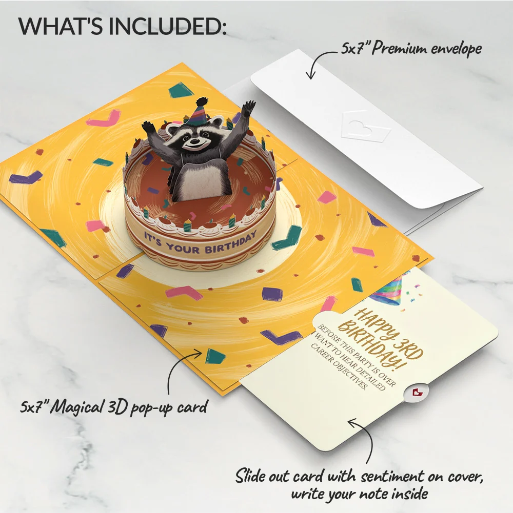 Lovepop Go Feral Raccoon 3rd Birthday Pop-Up Card and Career Objectives Sentiment Set Candle - Image 2