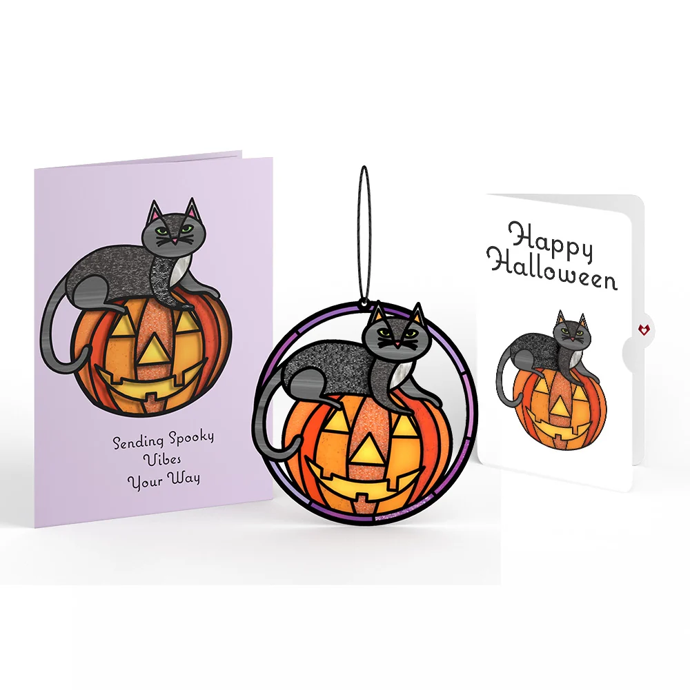 Lovepop Spooky Vibes Halloween Cat Suncatcher Card and Sentiment Set Glass