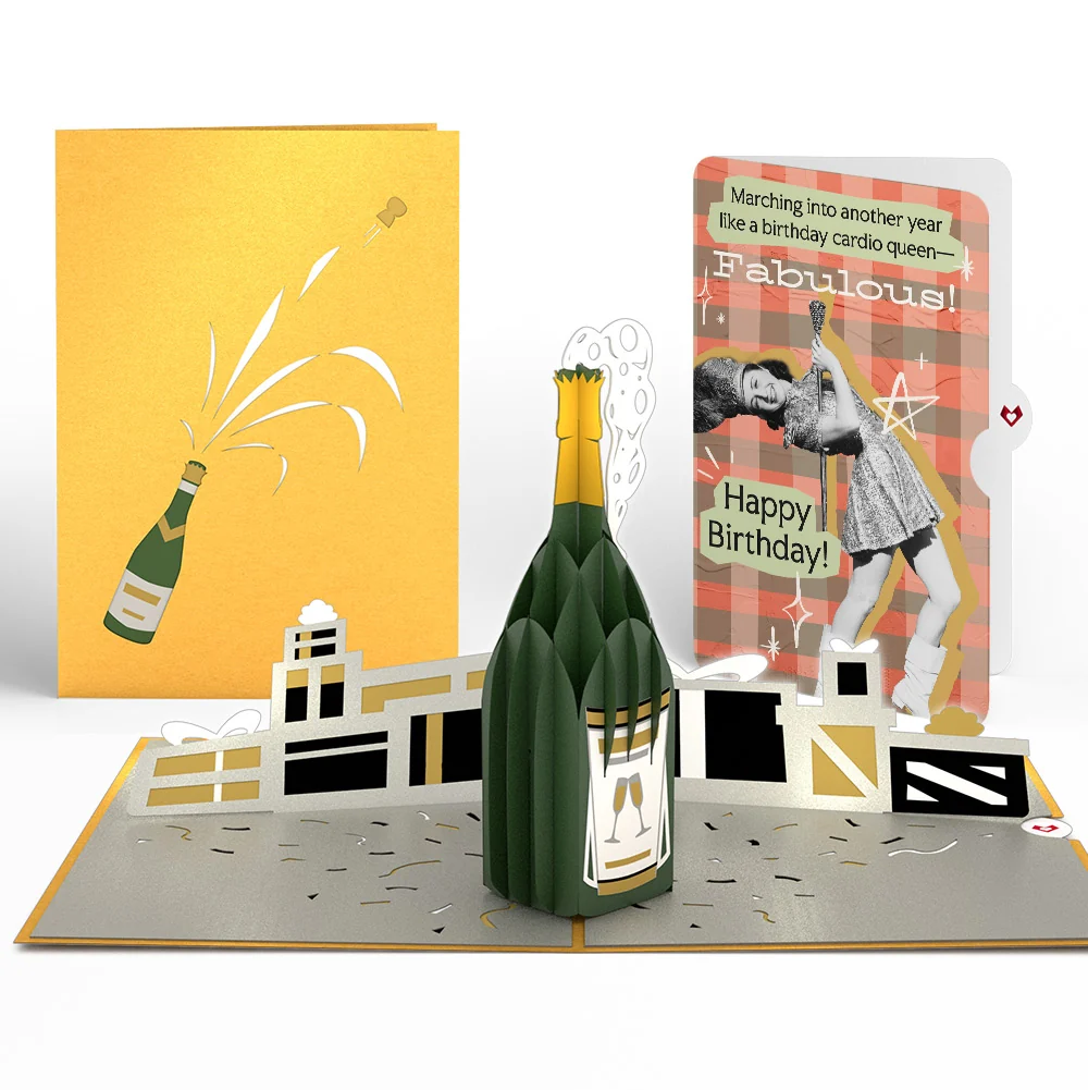 Lovepop Champagne Celebration Birthday Pop-Up Card and Cardio Queen Sentiment Set Bottle