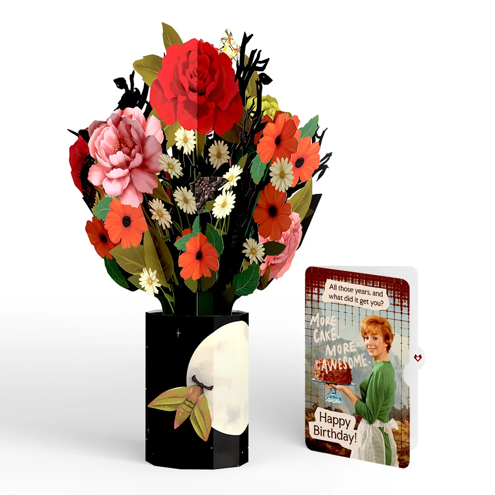 Lovepop Midnight Florals Birthday Bouquet and More Cake More Awesome Sentiment Set Vase