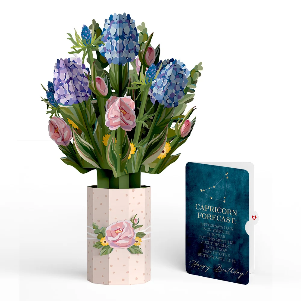 Lovepop Hydrangea Birthday Bouquet and Capricorn Zodiac Sentiment Set Vase