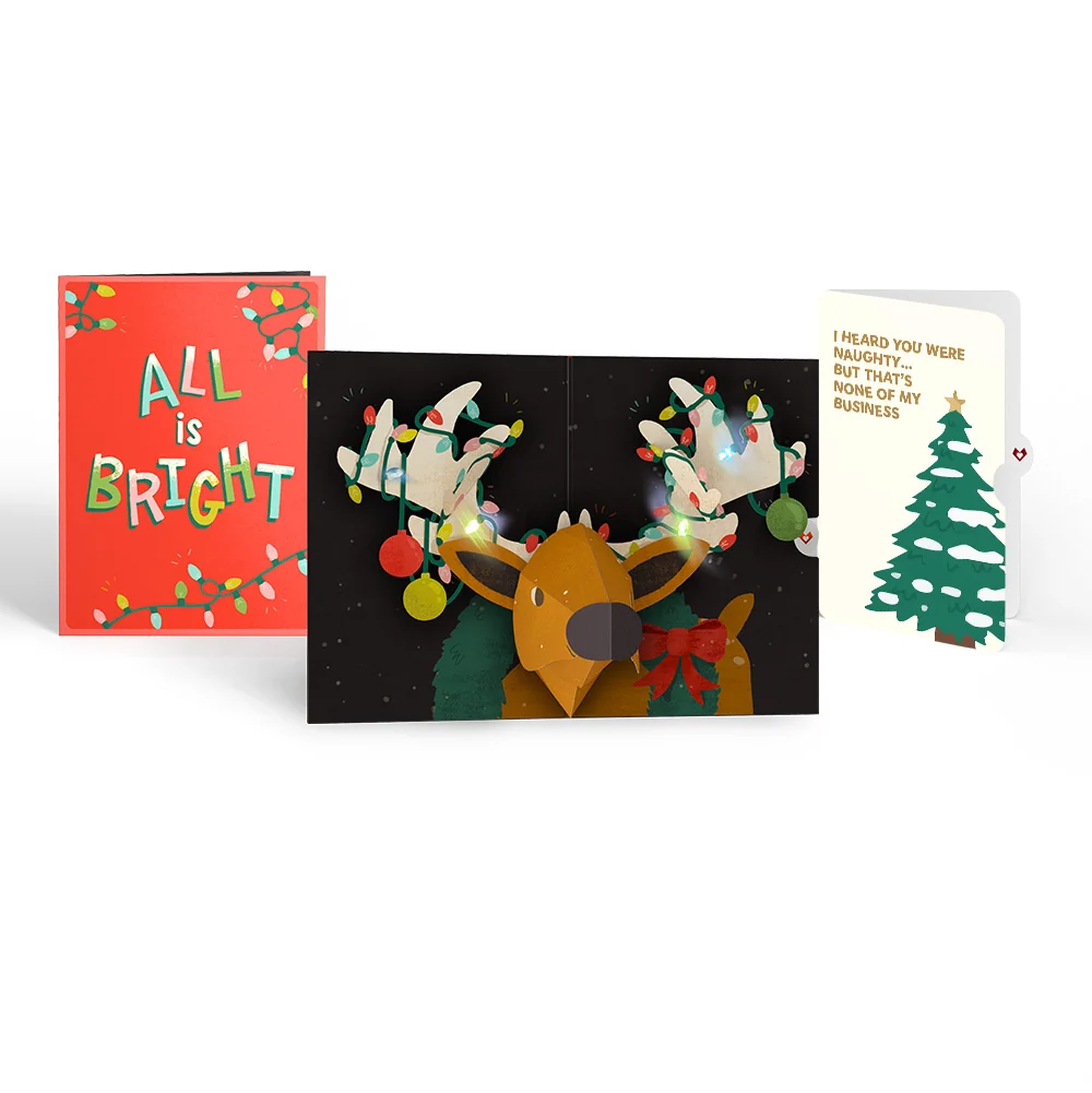 Lovepop All Is Bright Holiday Reindeer Light-Up Pop-Up Card and Funny Tree Sentiment Set