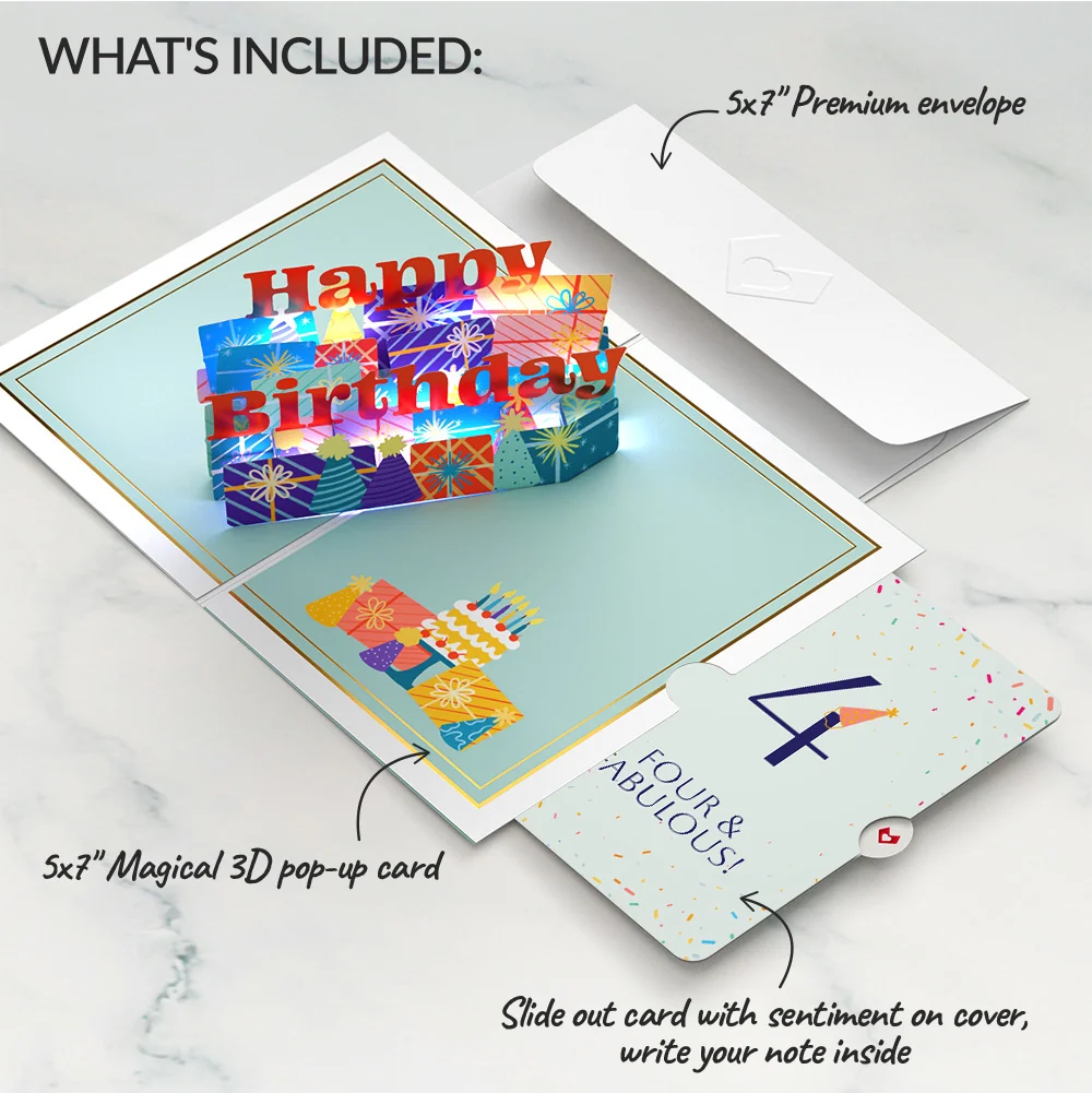 Lovepop Wishing You a Happy 4th Birthday Music and Lights Pop-Up Card and Party Hat Sentiment Set - Image 2