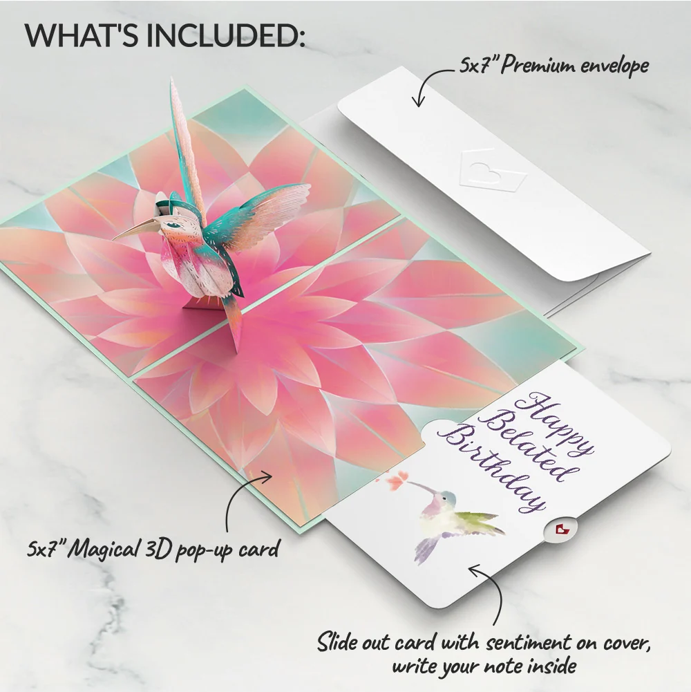 Lovepop Lovely Hummingbird Belated Birthday Pop-Up Card and Sentiment Set - Image 2