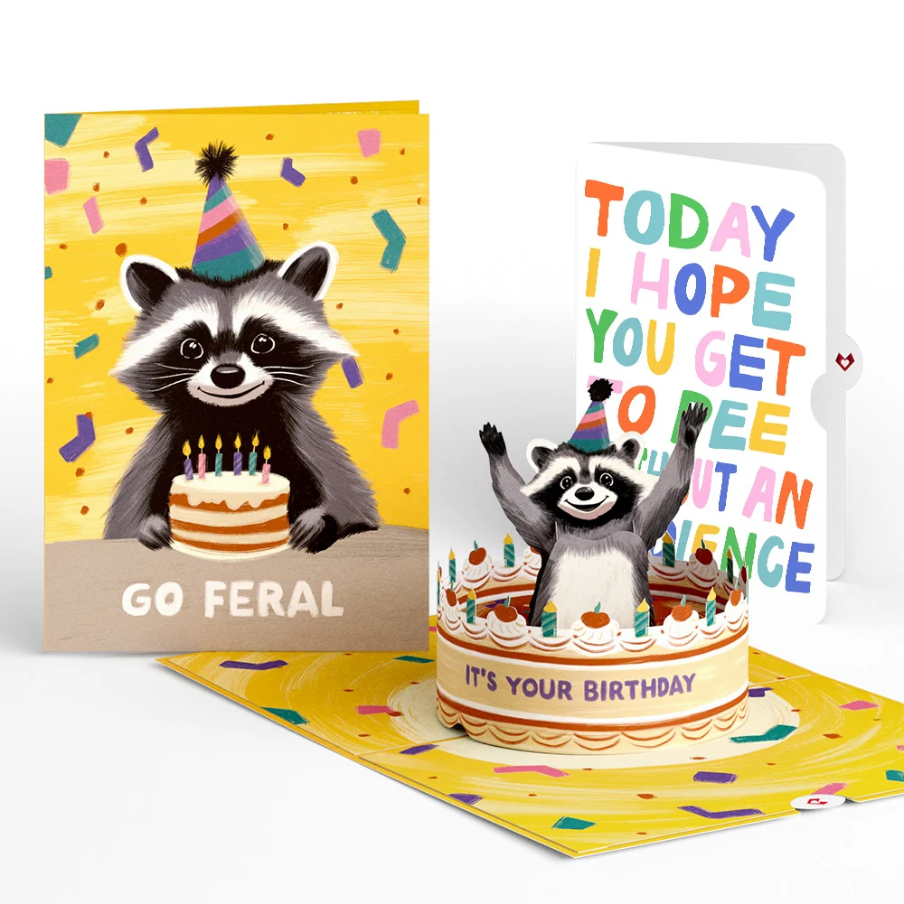 Lovepop Go Feral Raccoon Birthday Pop-Up Card and Parenthood Humor Sentiment Set Candle