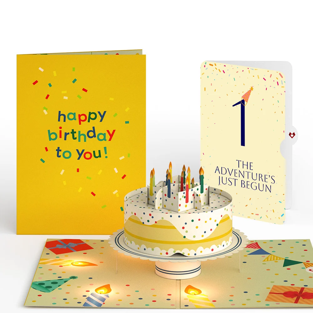Lovepop Happy 1st Birthday Confetti Cake Music and Lights Pop-Up Card and Party Hat Sentiment Set Candle