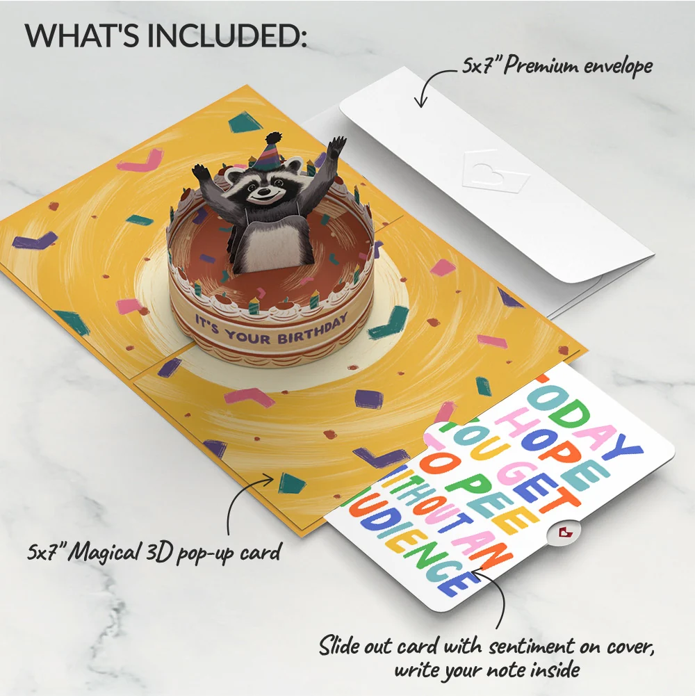 Lovepop Go Feral Raccoon Birthday Pop-Up Card and Parenthood Humor Sentiment Set Candle - Image 2