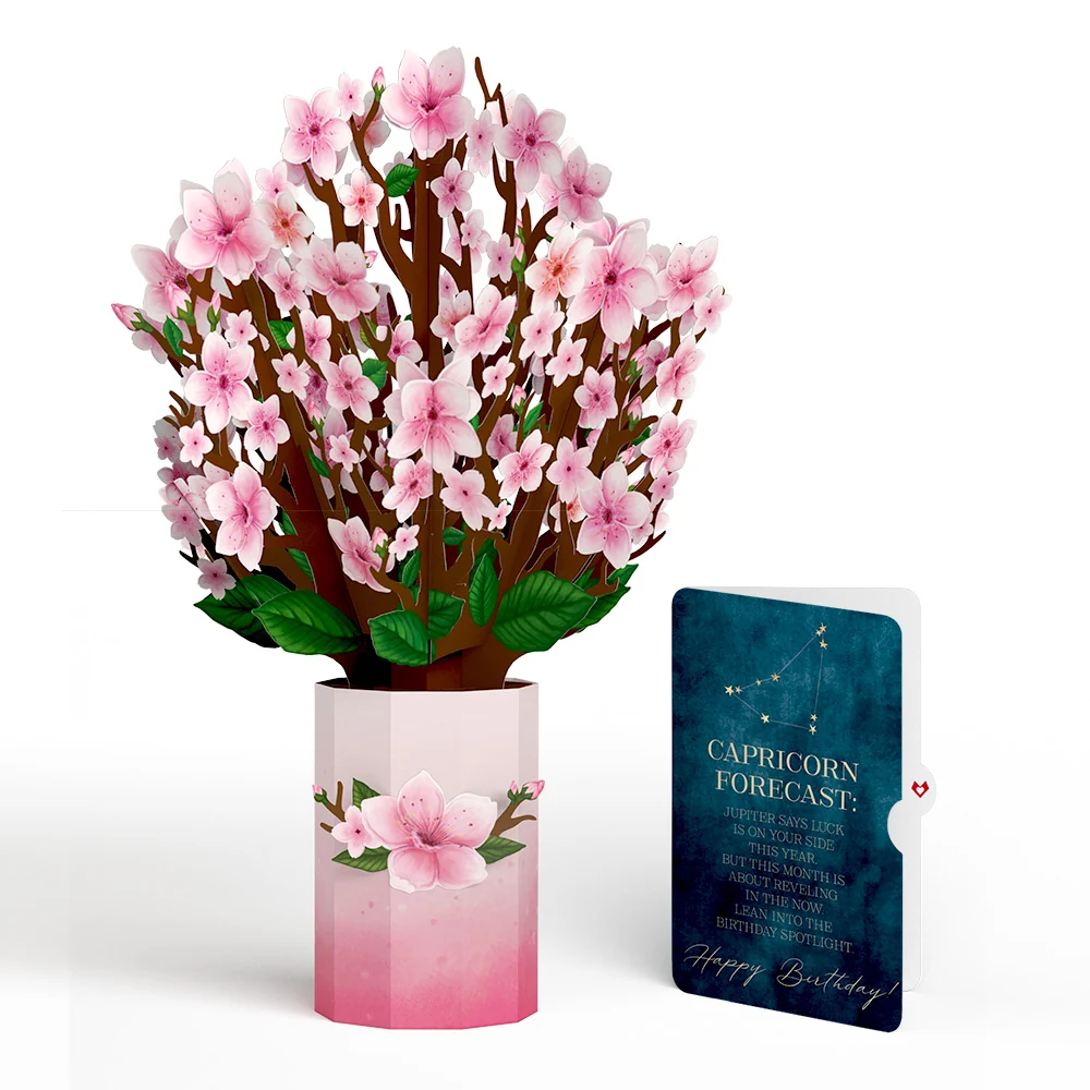 Lovepop Cherry Blossom Birthday Bouquet and Capricorn Zodiac Sentiment Set Vase