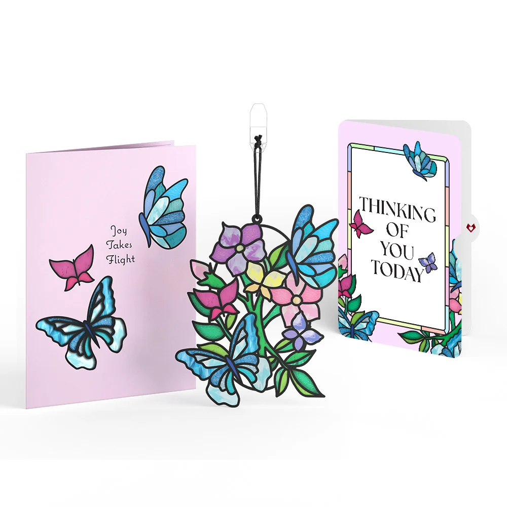 Lovepop Joy Takes Flight Butterfly Thinking of You Suncatcher Card and Sentiment Set Glass