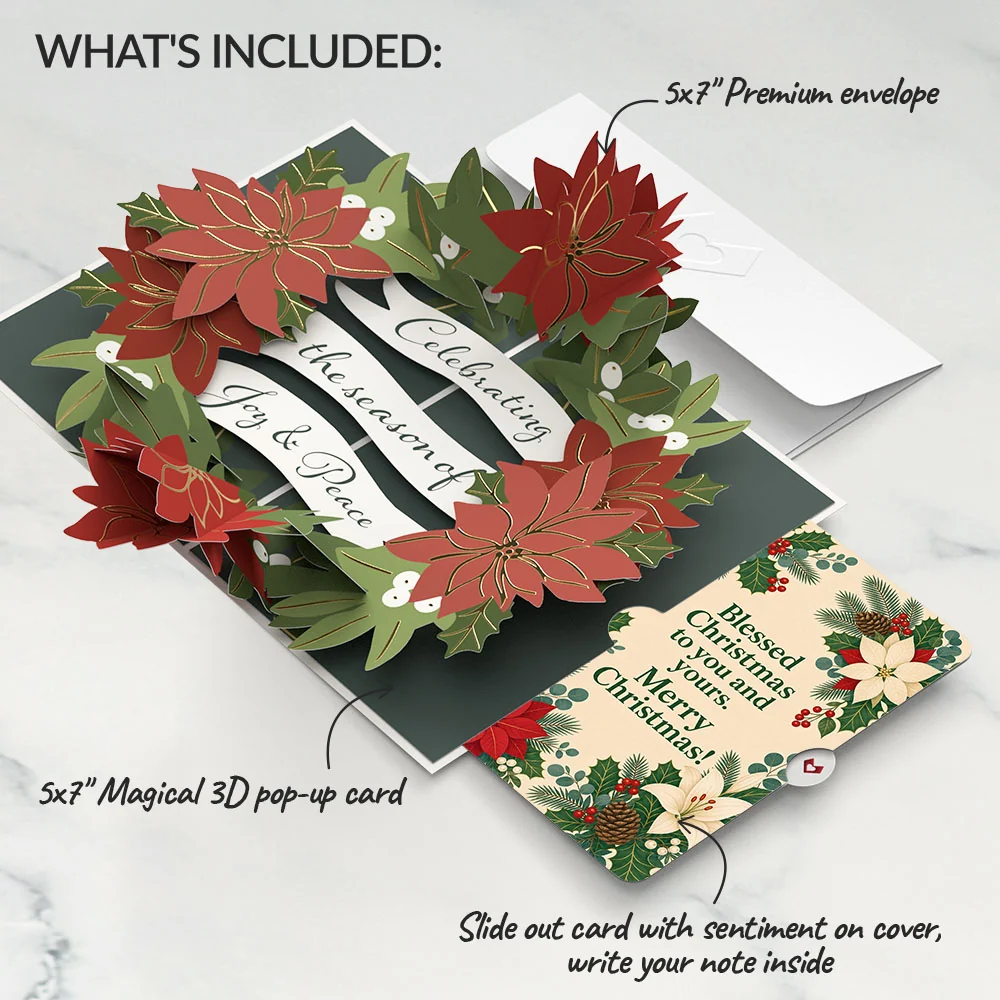 Lovepop Season's Greetings Poinsettia Wreath Christmas Pop-Up Card and Holly Botanicals Sentiment Set Cream - Image 2