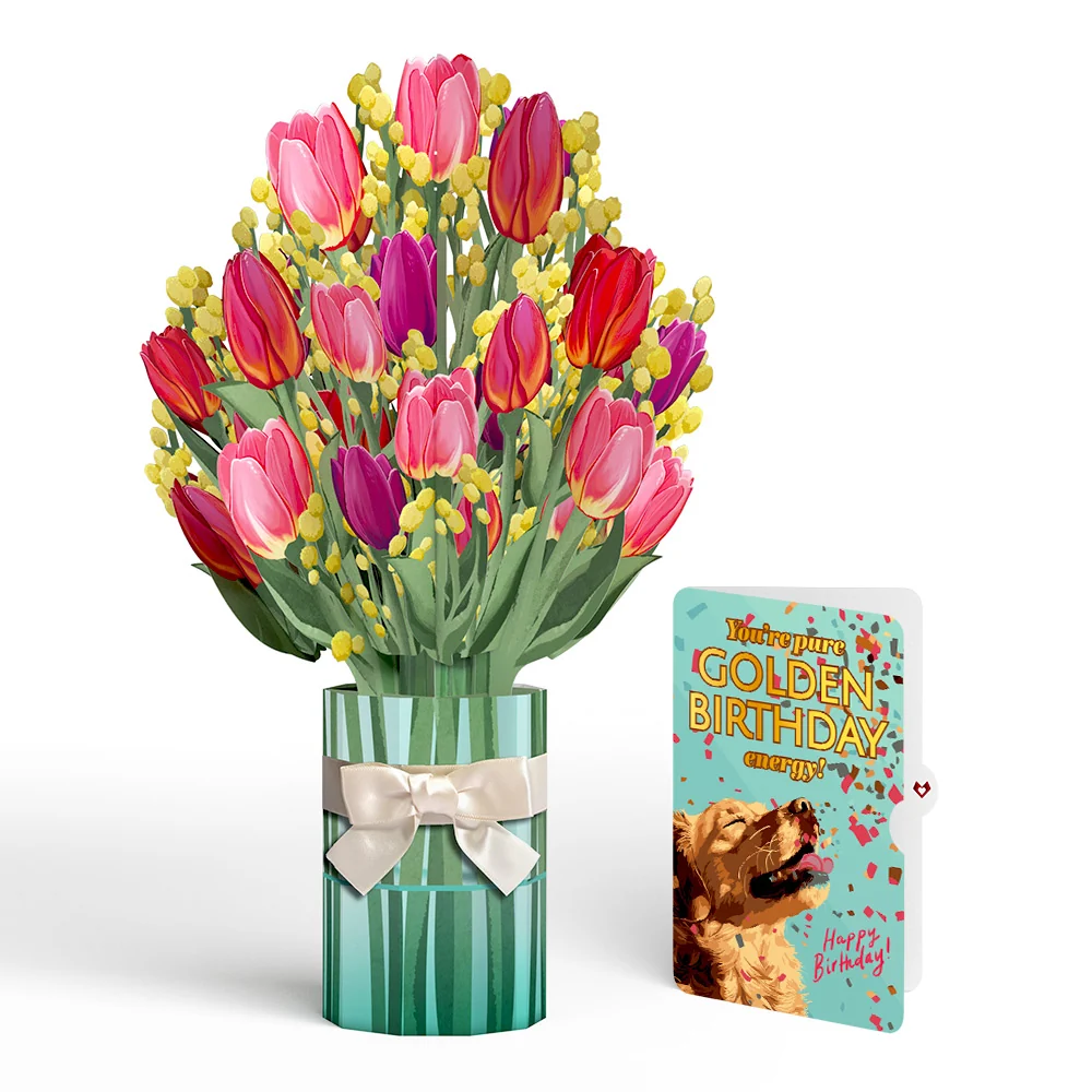 Lovepop Cheerful Tulips Birthday Bouquet and Golden Energy Sentiment Set Vase