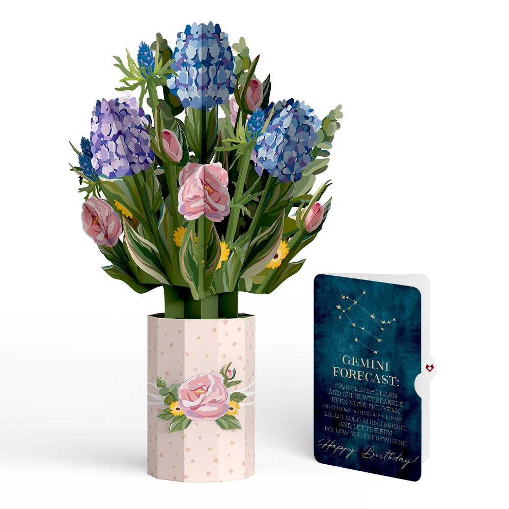 Lovepop Hydrangea Birthday Bouquet and Gemini Zodiac Sentiment Set Vase